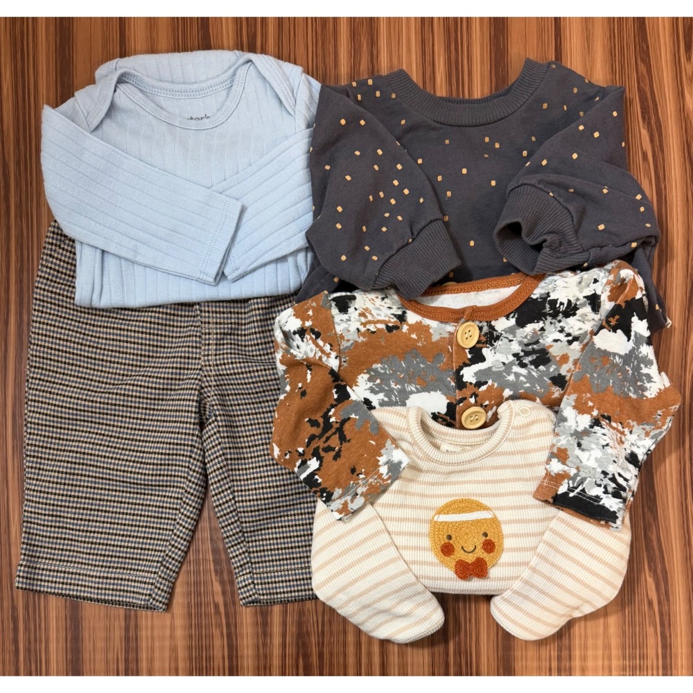 Baby Boy 0-3M Bundle Carters Rabbit Bear Cotton On Sleepers Bodysuit Pants 5pc